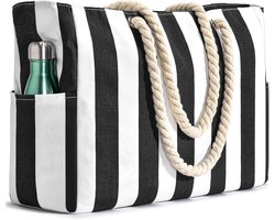 KZQ Strandtas - Gestreepte weekendtas voor gezinnen - Badtas voor dames - Waterdichte tas - Boodschappentas - Grote zwemtas - Tote bag - Met rits - XXL - Zwart