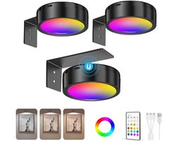 KZQ Wandlamp - Draadloze LED - Fotolijstlamp - Wandlamp - USB oplaadbaar - 3-delige set - Met afstandsbediening - Werkt op batterijen - Spot - Geschikt voor decoratieve posters en fotodisplays - Zwart