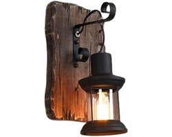 KZQ Wandlamp Landelijke Stijl – 1 Stuk Vintage Houten Wandlamp met Glaslampenkap, Handmatige Schakelaar, Zwart, Voor Slaapkamer, Woonkamer en Trappenhuis