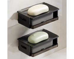 KZQ Zeepbakje Met Zuignap Wandmontage Zwart Kunststof Dubbellaags Met Afvoer Boren Niet Nodig Voor Badkamer En Douche Organizer Voor Zeep En Spons
