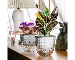 KZQ Zelfwaterende Bloempotten Set van 2, 10cm met Afvoergaten en Onderzetter, Moderne Kunststof Plantenpotten voor Binnen, Geschikt voor Vetplanten, Kruiden en Cactus