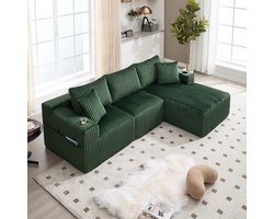 L-Bank, 3-Zits Bank, Hoekbank Modulaire Bankstel met Chaise Longue en 2-zitsbank, Zachte Corduroy Hoes, met 5 Kussens, Zijvakken en Bekerhouders, Schuim met Hoge Dichtheid, Doe-het-zelf-combinatie, Ideaal voor Woonkamer, Appartement en Studio-Groente