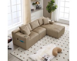 L-Bank, 3-Zits Bank, Hoekbank Modulaire Bankstel met Chaise Longue en 2-zitsbank, Zachte Corduroy Hoes, met 5 Kussens, Zijvakken en Bekerhouders, Schuim met Hoge Dichtheid, Doe-het-zelf-combinatie, Ideaal voor Woonkamer, Appartement en Studio- Khaki