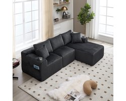 L-Bank, 3-Zits Bank, Hoekbank Modulaire Bankstel met Chaise Longue en 2-zitsbank, Zachte Corduroy Hoes, met 5 Kussens, Zijvakken en Bekerhouders, Schuim met Hoge Dichtheid, Doe-het-zelf-combinatie, Ideaal voor Woonkamer, Appartement en Studio- Grijs