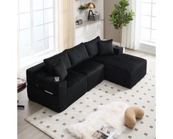 L-Bank, 3-Zits Bank, Hoekbank Modulaire Bankstel met Chaise Longue en 2-zitsbank, Zachte Corduroy Hoes, met 5 Kussens, Zijvakken en Bekerhouders, Schuim met Hoge Dichtheid, Doe-het-zelf-combinatie, Ideaal voor Woonkamer, Appartement en Studio- Zwart