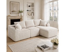 L-Bank, 3-Zits Bank, Hoekbank Modulaire Bankstel met Chaise Longue en 2-zitsbank, Zachte Corduroy Hoes, met 5 Kussens, Zijvakken en Bekerhouders, Schuim met Hoge Dichtheid, Doe-het-zelf-combinatie, Ideaal voor Woonkamer, Appartement en Studio- Beige