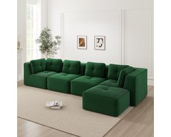 L-Bank, 4-Zits Bank, Armloze L-vormige Woonkamerbank met Hoekelement en Hocker, een Comfortabele Vierzitsbank met Diepe zit, Zachte Kussens en Corduroy Hoes, Geen Montage Nodig en Antislip Ontwerp-Groente