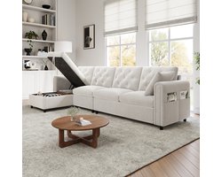 L-Bank, 4-Zits Bank, Hoekbank Moderne Fluwelen Bank met Opbergruimte in de Hoek, L-vormige Opbergruimte in de Hoek die naar Links en Rechts Verstelbaar is, Armleuningen met Tijdschriftenvakken, Gecapitonneerde Rugleuning. Beige. (281×86×71 cm)