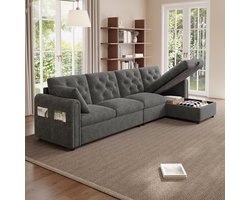 L-Bank, 4-Zits Bank, Hoekbank Moderne Fluwelen Bank met Opbergruimte in de Hoek, L-vormige Opbergruimte in de Hoek die naar Links en Rechts Verstelbaar is, Armleuningen met Tijdschriftenvakken, Gecapitonneerde Rugleuning. Grijs. (281×86×71 cm)