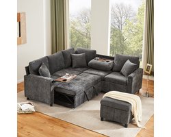 L-Bank, 4-Zits Bank, Hoekbank van chenille met Slaapfunctie, Uittrekbare Bank met Voetenbank, Leeslamp, USB Type-C, Voorzien van een Verborgen tafel, Uitklapbare Salontafel met Twee Bekerhouders, Grijs, 205×205×85 cm