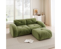 L-Bank Modulaire Bank, Moderne 2-zitsbank met Kruk, 32D Schuim met Hoge Dichtheid, Geschikt voor Woonkamer, Huisdiervriendelijke Chenillestof, Antislipontwerp, Zachte Stof-Groente