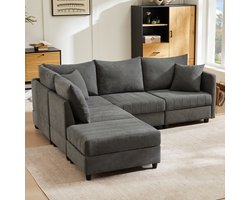 L-Bank, U-Bank Moderne Hoekbank, Modulaire Bank, 5-Zitsbank, met Ombouwbare Voetenbank, L-vormige Bank, U-vormige Bank, Geschikt voor Woonkamer, Appartement, etc.-Grijs