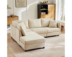 L-Bank, U-Bank Moderne Hoekbank, Modulaire Bank, 5-Zitsbank, met Ombouwbare Voetenbank, L-vormige Bank, U-vormige Bank, Geschikt voor Woonkamer, Appartement, etc.- Beige