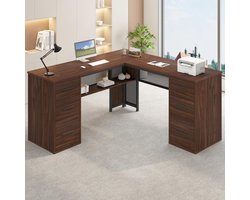 L-shaped Executive Desk with Drawers 150x150x76 cm – Rustiek Walnoot Bureau voor Thuiskantoor, Computertafel voor Werk, Studie en Home Office – Omkeerbaar, Metaal & Hout, Ruim Opbergvermogen – Abkantoor
