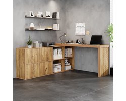 L-Vorm Bureau - 360° Draaibaar Hoekbureau Met 4 Lades En 4 Open Vakken - Voor Thuiswerk En Woonkamer - MDF - Eikenlook