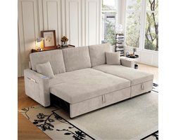 L-vorm Slaapbank - Uitschuifbare Hoekbank Met Opbergruimte - Incl. USB & Type-C Opladen, Bekerhouders En Bijzettafel - Fluweel Corduroy - Modulair - Voor Woonkamer Of Appartement