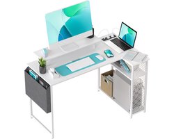 L-vormig bureau 120 x 70 cm, gaming bureau L vorm met stopcontact en opbergplanken, hoekbureau computertafel voor studie, werk en thuis, I bureau wit