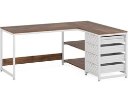 L-vormig bureau – 150 cm – Hoekbureau met lades en planken – Industrieel – Bruin & wit – E1 spaanplaat en metaal