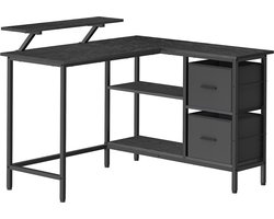 L-vormig bureau, 2 ruime laden, computertafel met monitorstandaard, hoekbureau, gamingtafel met verstelbare plank, 115 x 105 cm, ebbenhout, zwart