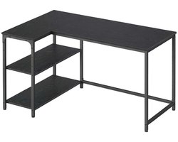 L-vormig bureau Computerbureau 120x80x76 cm Zwart Stevige stalen constructie Met verstelbare poten Opbergrek links of rechts te monteren Middelste plank met 3 verstelbare hoogtes Gemakkelijk te monteren Geschikt voor studeerkamer en kantoor