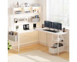 L-vormig bureau – Computerbureau – Werktafel – Gaming bureau – Studiebureau – Wit – 170 cm breed – Stevig legeringsstaal met opberglades