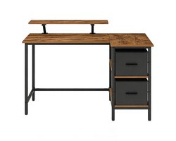 L-vormig bureau Hoekbureau 105×115×89,5 cm Retro bruin+zwart Met 2 laden, laden links of rechts monteerbaar, verstelbare opbergrek, monitorhouder, geschikt voor thuiswerkplek/slaapkamer/woonkamer