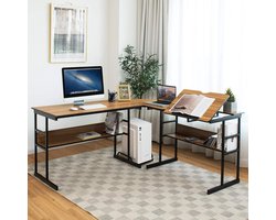 L-vormig bureau - Hoekbureau computer tafel - Thuiswerken organiseren - Verstelbaar kantelblad - 170 cm breed - Walnoot