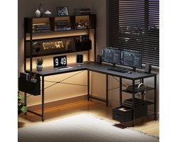 L-vormig bureau – Hoekbureau – Computerbureau – Gamersbureau – Werkbureau – Zwart – Metalen legering frame – 170 cm breed – Met opberglade en planken