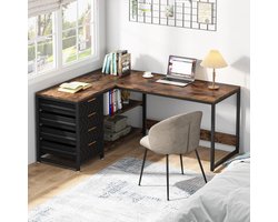 L-vormig Bureau met 4 Laden en 2 Open Planken 150x110x75 cm – Industrieel Hoekbureau met Omkeerbaar Ontwerp, Ruime Computertafel voor Kantoor, Werkkamer of Thuis – Rustiek Walnoot & Zwart – Novihome