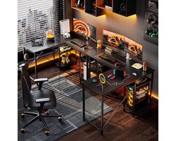 L-vormig bureau met planken (zwarte koolstofvezel)