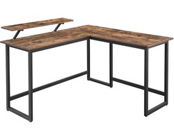 L-vormig bureau met schermstandaard voor studeren, gamen, werken - verstelbare poten - metalen frame - rustiek bruin - (140 x 130 x 76/91,5 cm)