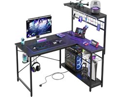 L Vormig Bureau Met Stopcontacten En LED Lampen - Compact Hoekbureau Met Planken - Omkeerbaar Computerbureau Met Haken - Voor Thuiskantoor Slaapkamer Kleine Ruimte - 106,5 Cm