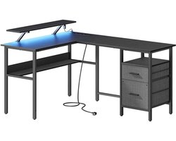 L-vormig bureau multifunctioneel computertafel met opklapbare monitorsteun, 2 lade(s) links/rechts te plaatsen, verstelbare LED-verlichting en stopcontacten, eenvoudig te monteren, stevig metalen frame 120 x 150 x 76-90 cm zwart