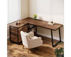 L-Vormig Bureau - Omkeerbaar Hoekbureau Met Lades En Open Vakken - Voor Thuiswerk En Studie - Metaal En Hout - 135x100x75 Cm - Zwart Bruin
