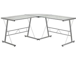 L-vormig computerbureau met glazen bovenblad en zilveren frame - 95,25 x 68,58 x 17,78 cm