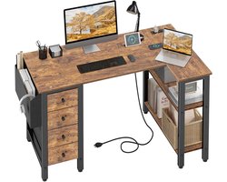 L-vormig computerbureau met laden en opbergplanken, 117 cm klein omkeerbaar hoekbureau met stopcontact voor thuiskantoor, slaapkamer, L-vormige gaming-pc-bureaus met stoffen lade, rustiek