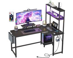 L-Vormig Game Bureau met LED Verlichting - Hoekbureau met Ingebouwd Stopcontact & USB - Computerbureau met Monitorverhoger, Lade en Opbergtas - 124x100x148 cm - Zwart