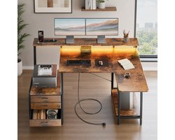 L-vormig Gaming Bureau met LED Verlichting, Stopcontacten, USB Oplaadpoorten en 3-laden Archiefkast - Omkeerbaar Hoekbureau voor Thuis en Kantoor-Bruin.