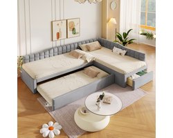 L-vormig gestoffeerd bed - Bed 90x200 cm met onderschuifbed - Grijs fluwelen bed - Met opbergladen - Voor kinder- en logeerkamer