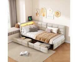 L-vormig gestoffeerd bedframe, 140x190cm, slaapbankframe met USB-oplaadpoort en LED-verlichting, eenpersoonsbed voor kinderen met ladeopbergruimte, linnen stof, beige