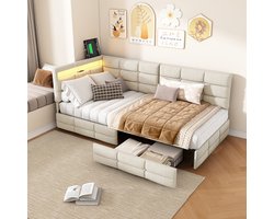 L-vormig gestoffeerd bedframe, 90x200cm, met USB-oplaadpoort en LED-verlichting, eenpersoonsbed voor kinderen met ladeopbergruimte, linnen stof, beige