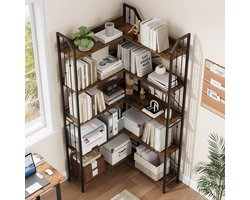 L-vormig hoek boekenrek- industrieel boekenrek met 5 lagen en reliëf details- groot tentoonstellingsrek voor woonkamer- slaapkamer- kantoor- Zwart + Vintage