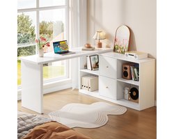 L-vormig Hoekbureau 120x50 cm Wit - Links/Rechts Monteerbaar - Versterkt Tafelblad & Poten - 2 Laden - 4 Open Vakken - Thuiswerken & Gamen
