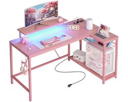 L-vormig hoekbureau met stopcontacten en ledverlichting, omkeerbare computertafel met planken en haken, compact bureau voor thuiskantoor en kleine ruimtes, 3D roze koolstofvezel, 132 cm