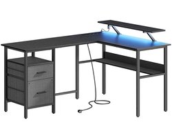 L-vormig hoekcomputerbureau multifunctioneel kantoorbureau 120 x 150 x 76-90 cm zwart met opklapbare monitorsteun, 2 lade(s) links/rechts te plaatsen, verstelbare LED-verlichting en stopcontacten, eenvoudig te monteren, stevig metalen frame