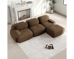 L-Vormige 3-Zits Bank Met Gebogen Armleuning – Ribfluweel Huidvriendelijk – 32D Hoog-Elastisch Schuim – Comfortabel En Duurzaam – Stevig En Antislip – Inclusief Kussens En 1 Verplaatsbare Hocker – 298×178×75Cm – Bruin