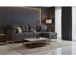 L-vormige 3-zitsbank met chaise longue 175x129x90 cm – Donkergrijze hoekbank met opbergruimte, bekerhouder & 2 kussens – Luxe moderne designbank van katoen en linnen – Comfortabele modulaire zitbank voor woonkamer of kantoor – Industrialhome