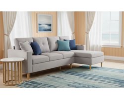 L-vormige 3-zitsbank met chaise longue 175x129x90 cm – Lichtgrijze hoekbank met opbergruimte, bekerhouder & 2 kussens – Moderne comfortabele designbank van katoen-linnen met houten frame – Ideaal voor woonkamer, kantoor & appartement – Industrialhome