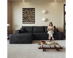 L Vormige Bank - Modulaire 3 Zits Hoekbank Met Lounge Deel - Ribstof Cloud Sofa Zonder Frame - Comfortabele Diepe Zitbank Met Veerkrachtig Schuim - Moderne Bank Zonder Montage Voor Woonkamer - Zwart
