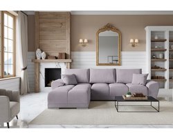 L-Vormige Fluwelen Hoekbank met Slaapfunctie en Opbergruimte – Luxe Uittrekbare Slaapbank 289x189 cm met Kussens – Comfortabele Hoekbank Bedfunctie in Paars – CollFeel Schuim – Ganeey